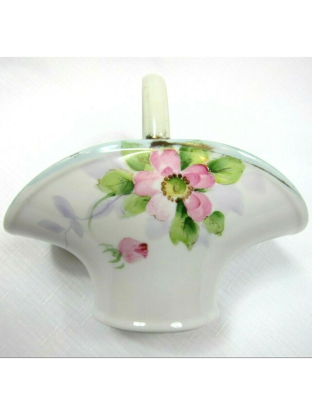 Antique 1911-1921 Nippon Hand Painted Toothpick Basket Pink Floral, Gold & Blue